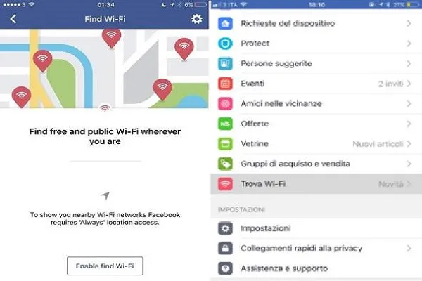 Facebook nuovo aggiornamento: Trova WI-FI gratis anche in Italia
