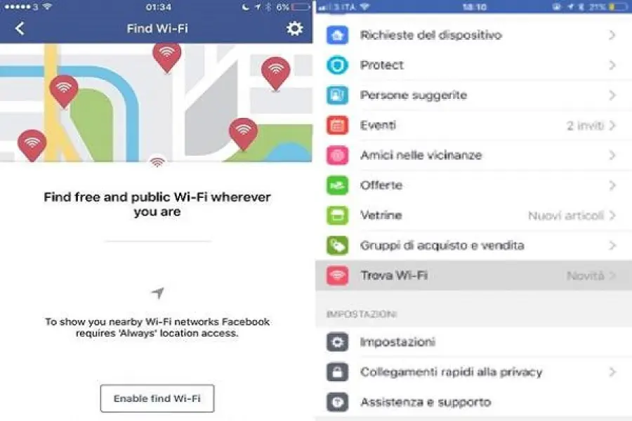 Facebook nuovo aggiornamento: Trova WI-FI gratis anche in Italia