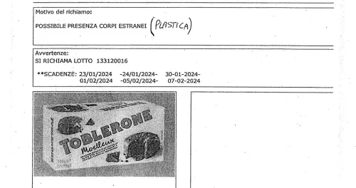 Richiamo Precauzionale per Dessert Toblerone per Possibile Presenza di Corpi Estranei