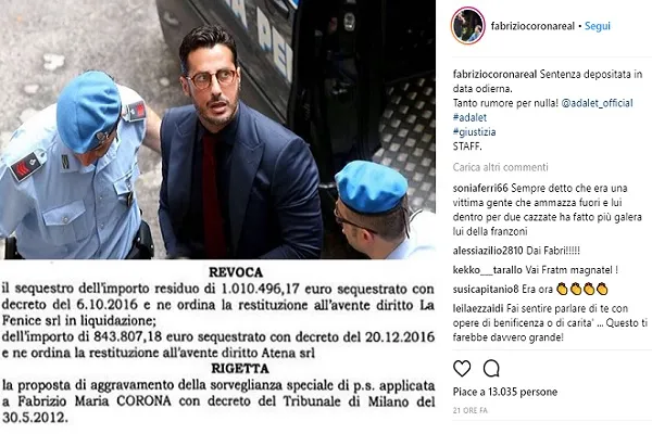 Processo Fabrizio Corona: restituiti i soldi sequestrati