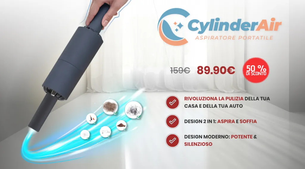 CylinderAir aspirapolvere portatile senza fili 2 in 1 funziona? Dove comprarlo, caratteristiche, aspira e soffia